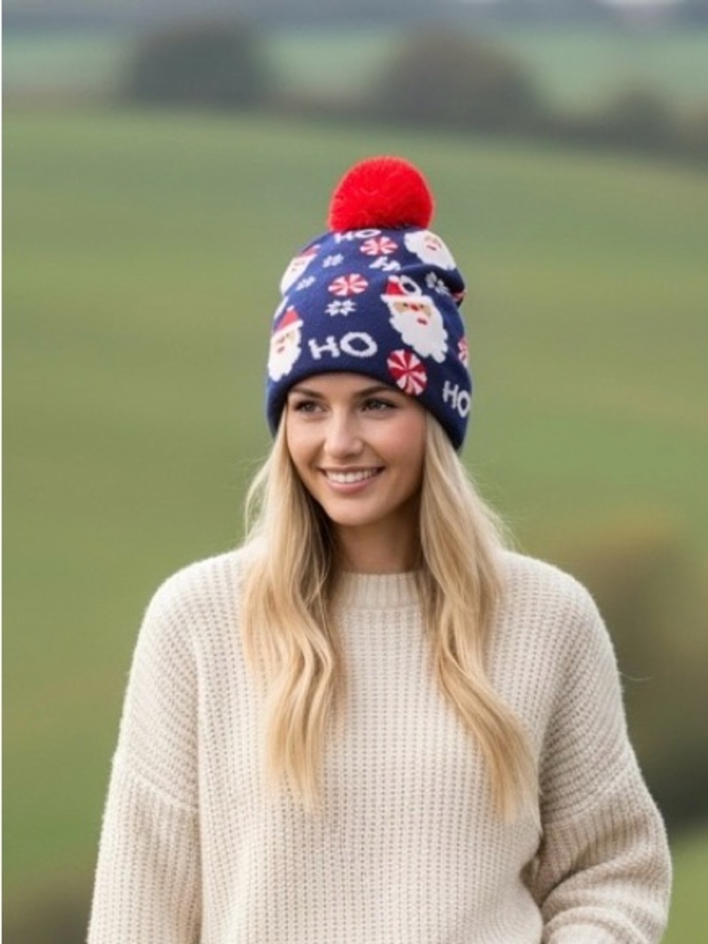 Holiday Santa Pom-Pom Beanie - Navy and Red